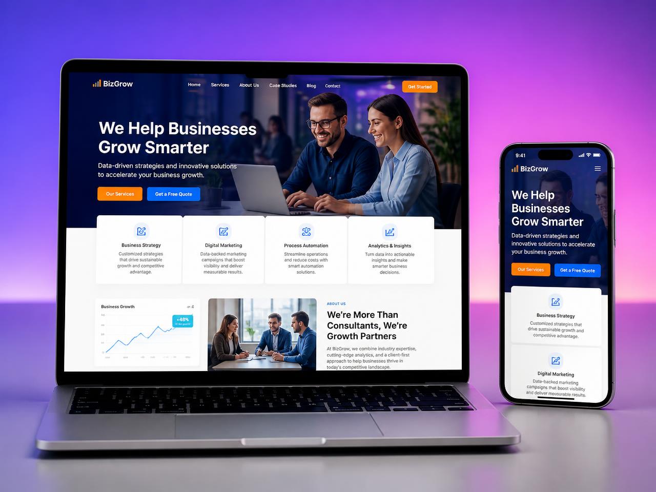 Laptop and smartphone showing a colorful professional business website