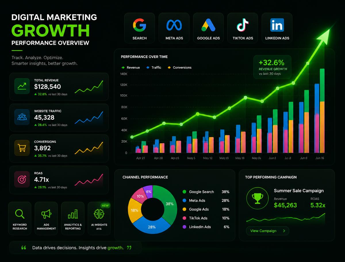 Digital marketing growth dashboard with rising revenue graphs