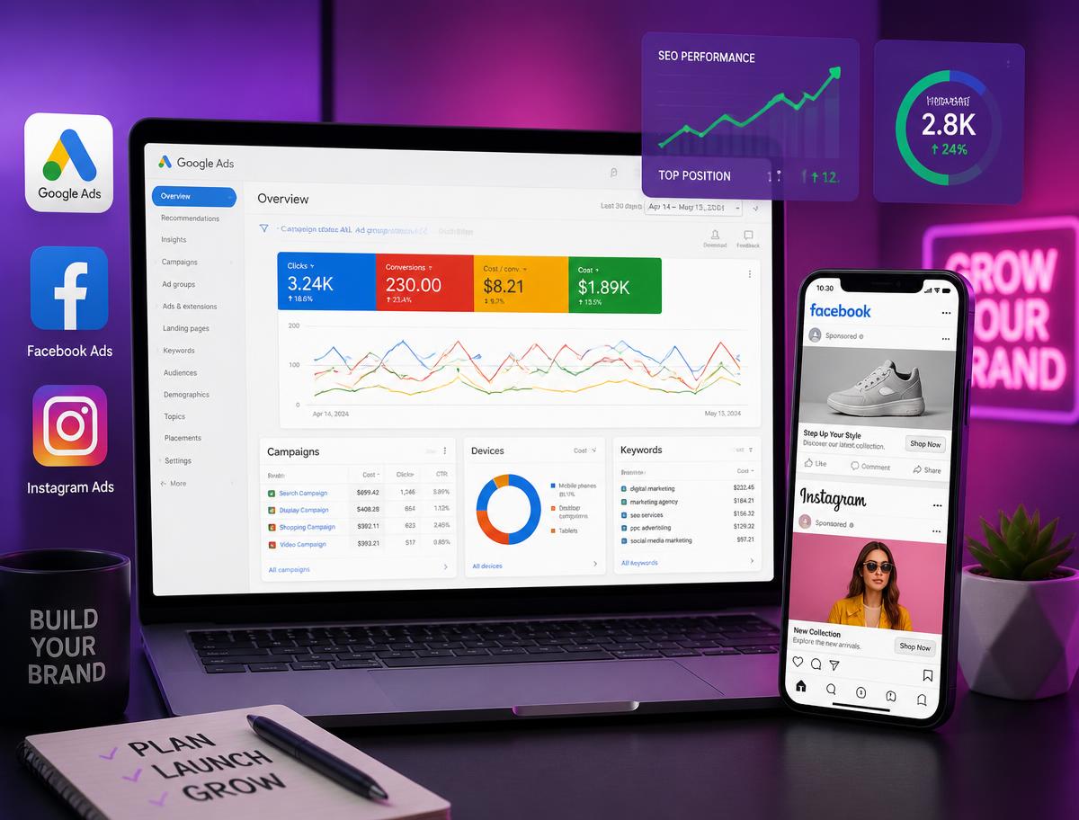 Google Ads dashboard on a laptop with Facebook and Instagram ads on a smartphone